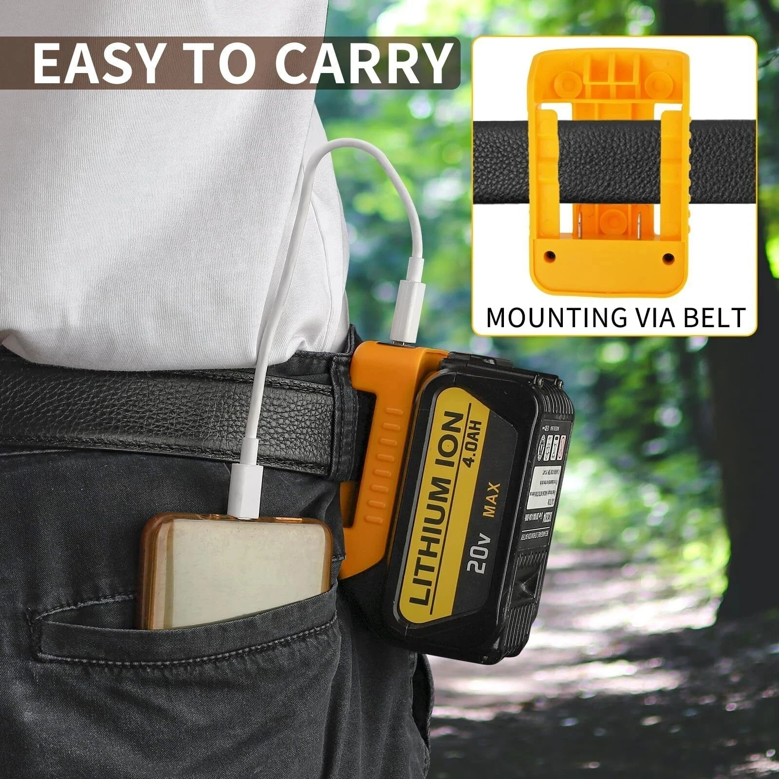 1 Pack USB Charger Adapter for Dewalt 18V Battery – Type-C Fast Charging + USB Port, Work Belt Mount Holder