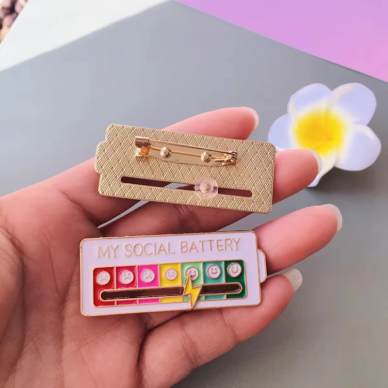 FTCY 2pcs My Social Battery Brooch For Women Men Creative Slideable Mood Pins Back-to-school Season Jewelry