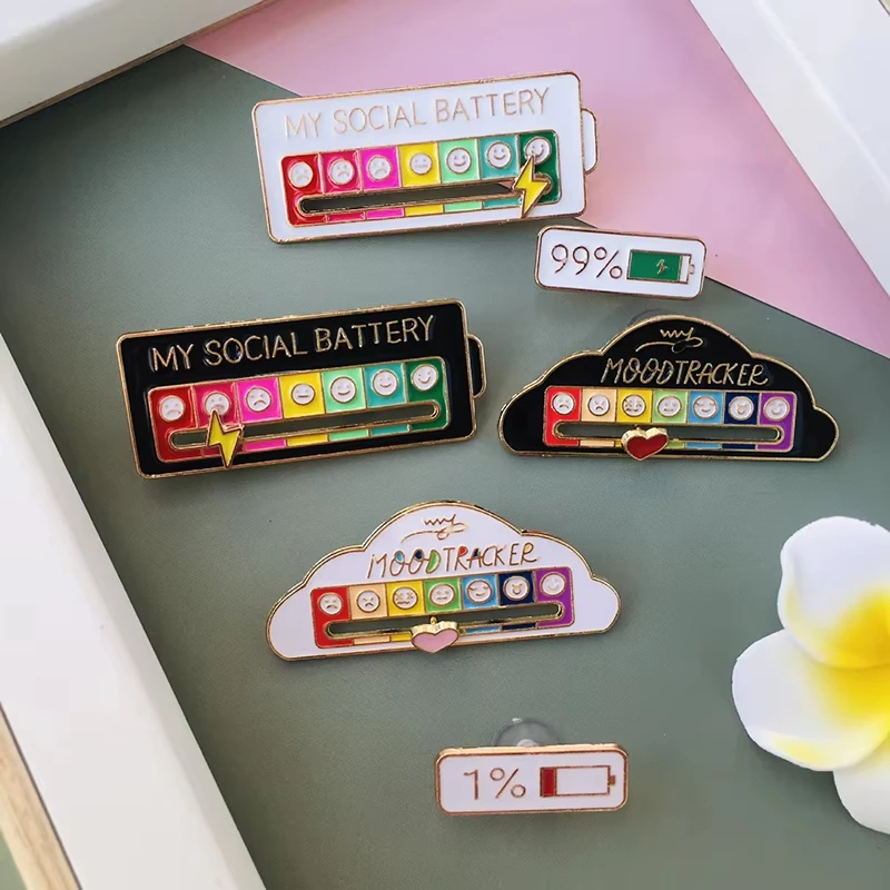 FTCY 2pcs My Social Battery Brooch For Women Men Creative Slideable Mood Pins Back-to-school Season Jewelry