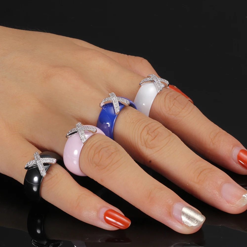 Fashion Jewelry Women Ring With AAA Crystal 8 mm X Cross Ceramic Rings For Women Wedding Party Accessories Gift Design
