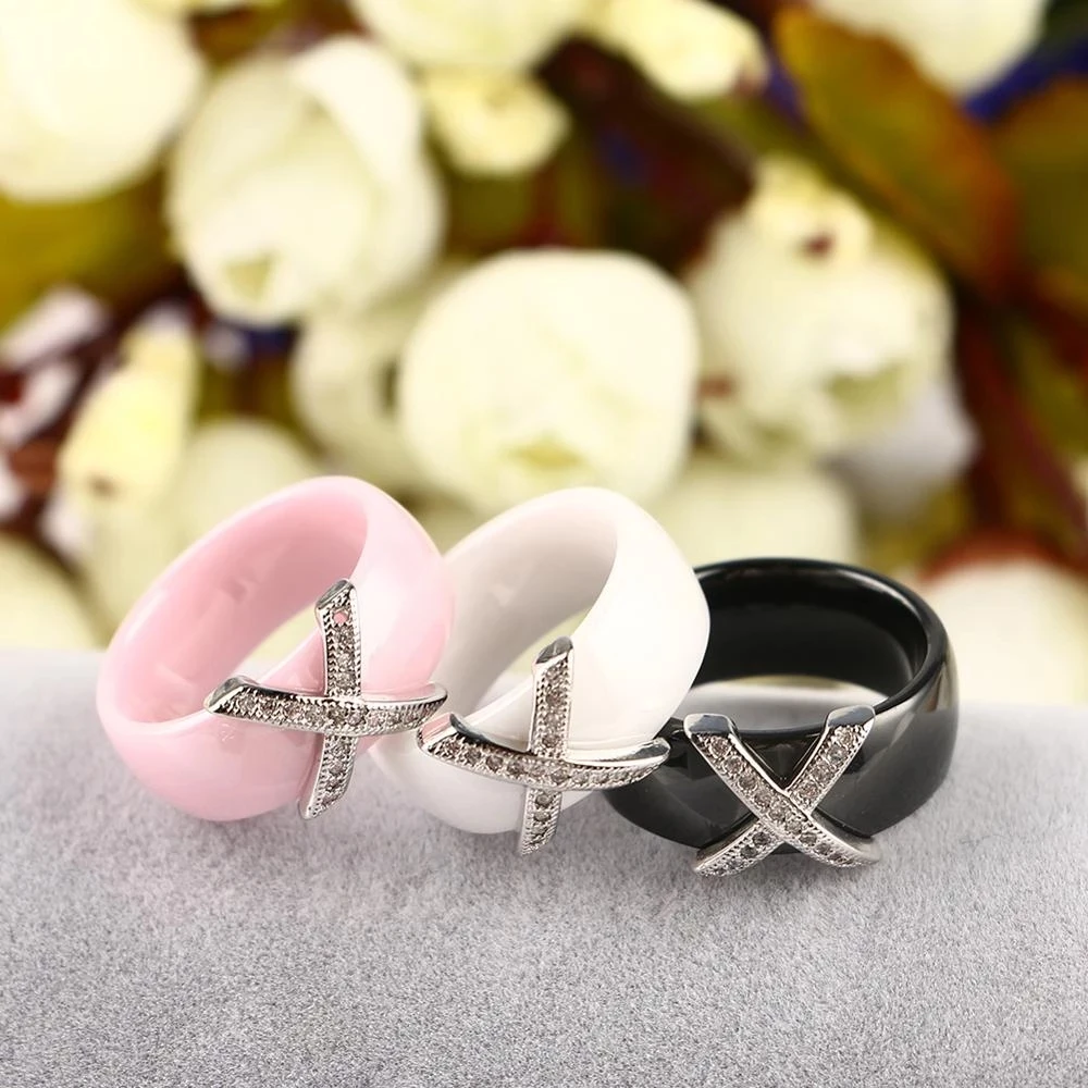 Fashion Jewelry Women Ring With AAA Crystal 8 mm X Cross Ceramic Rings For Women Wedding Party Accessories Gift Design