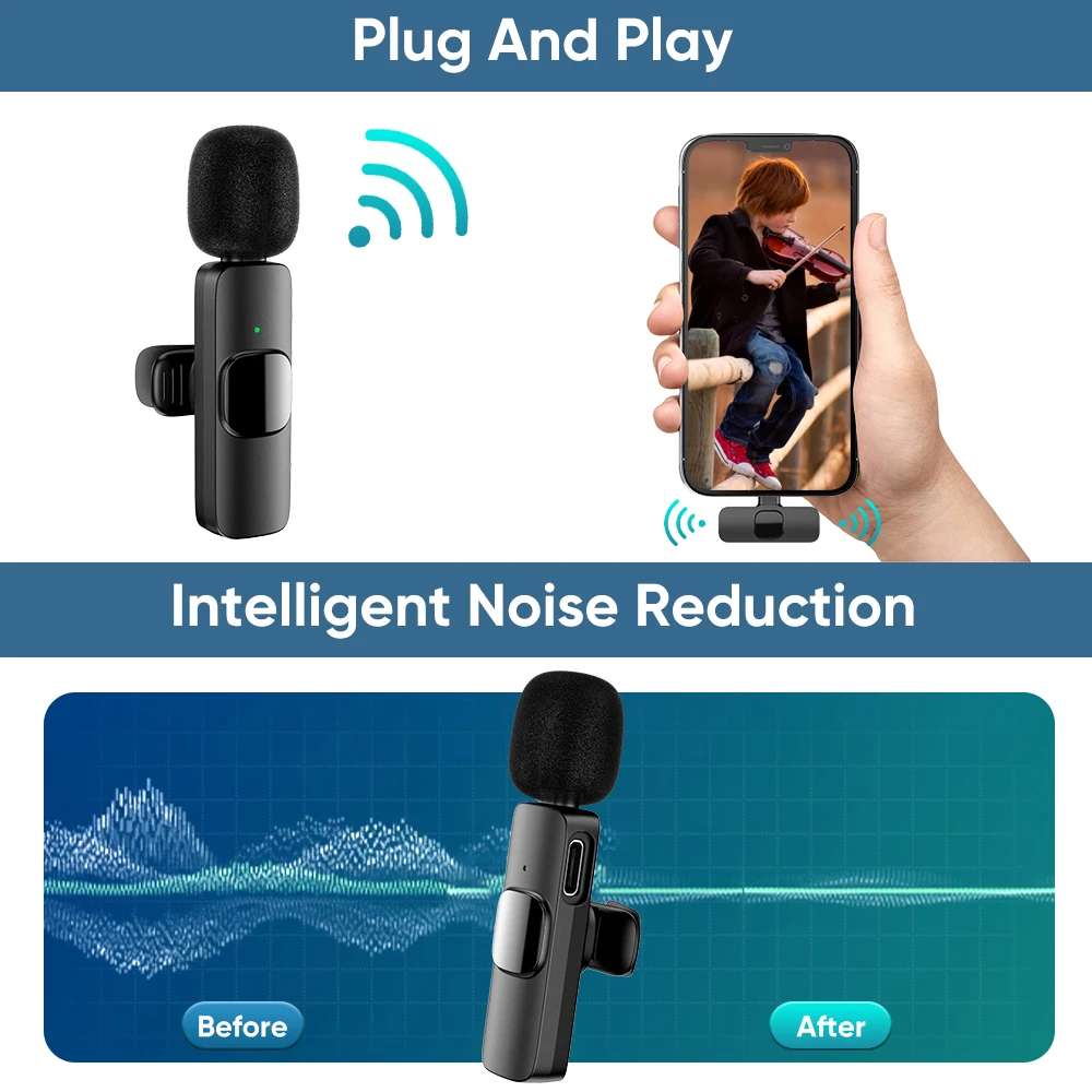 Wireless Lavalier Microphone For iPhone 17 16 15USB C Mini Microphone with Noise Cancellation Lapel Mic for Video Recording Vlog