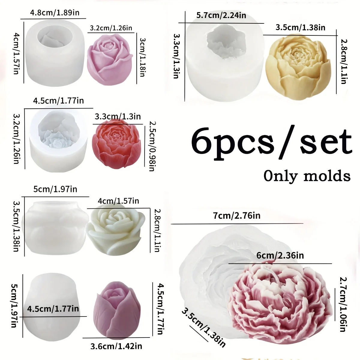 6Floral Bouquet Silicone Candle Mold Set - Peony、Rose、Heart-shaped flower&Rosebud | DIYResin、Candle&Soap mold,Suitable for handm