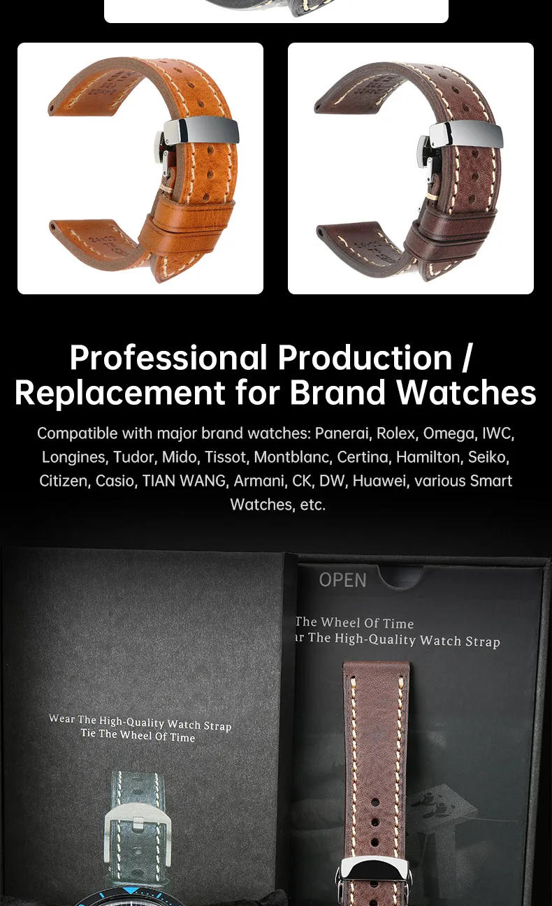 MAIKES Handmade Watch Band Genuine Cow Leather Watch Strap With Butterfly Buckle Bracelet For MONTBLANC Tudor Watchbands