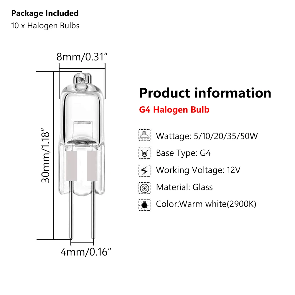 10pcs 12V G4 Halogen Bulb 12v G4 Bulb G4 Halogen Bulb Warm White Bulb Beads Crystal Lamp Halogen Bulb 5W/10W/20W/35W/50W