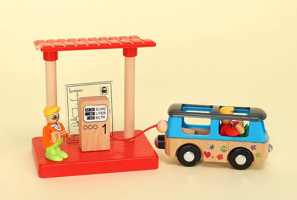 Wooden Train Tracks Scene Accessories Wooden Double Platform Gas Station Airplane Airport Educational DIY Toys For Children
