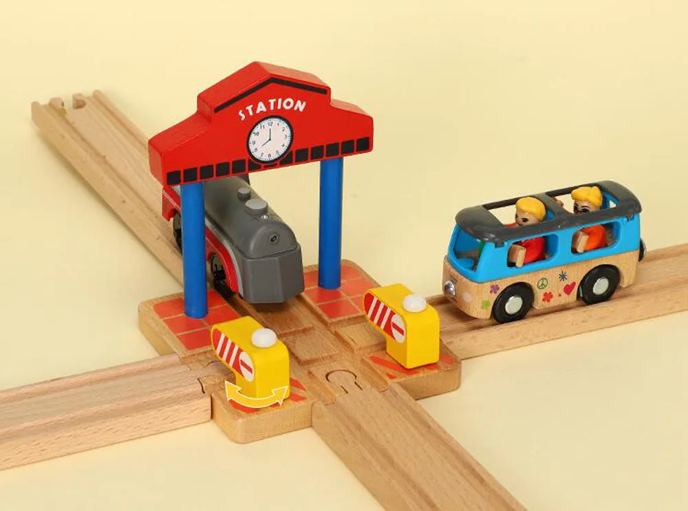 Wooden Train Tracks Scene Accessories Wooden Double Platform Gas Station Airplane Airport Educational DIY Toys For Children