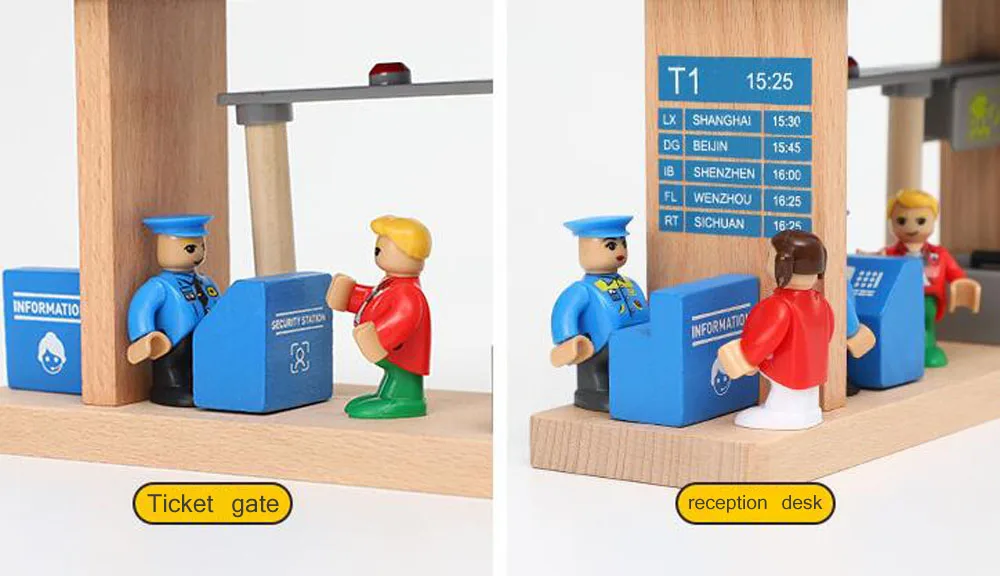 Wooden Train Tracks Scene Accessories Wooden Double Platform Gas Station Airplane Airport Educational DIY Toys For Children