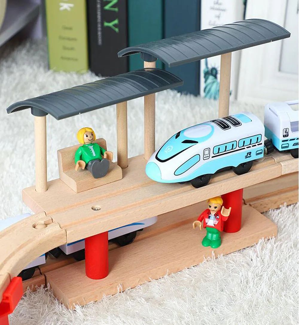 Wooden Train Tracks Scene Accessories Wooden Double Platform Gas Station Airplane Airport Educational DIY Toys For Children