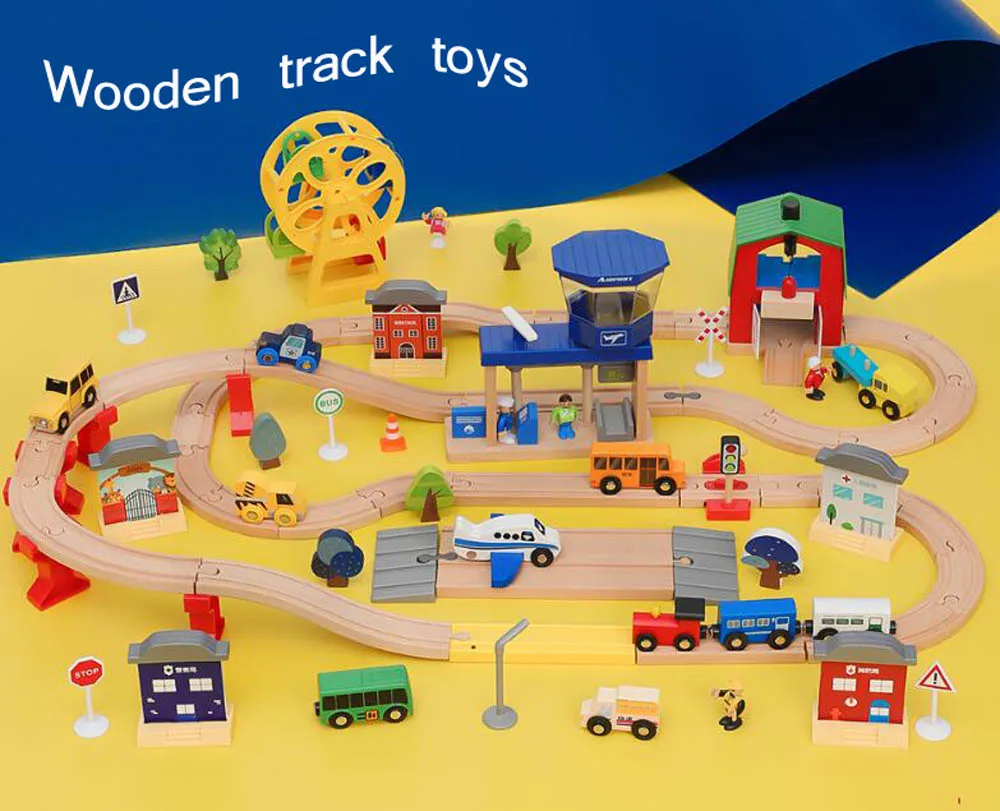 Wooden Train Tracks Scene Accessories Wooden Double Platform Gas Station Airplane Airport Educational DIY Toys For Children