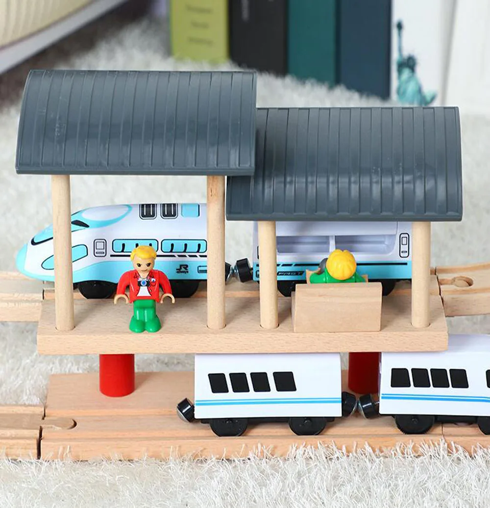 Wooden Train Tracks Scene Accessories Wooden Double Platform Gas Station Airplane Airport Educational DIY Toys For Children