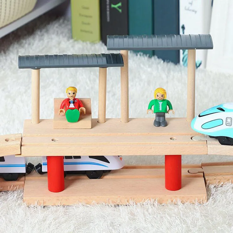 Wooden Train Tracks Scene Accessories Wooden Double Platform Gas Station Airplane Airport Educational DIY Toys For Children