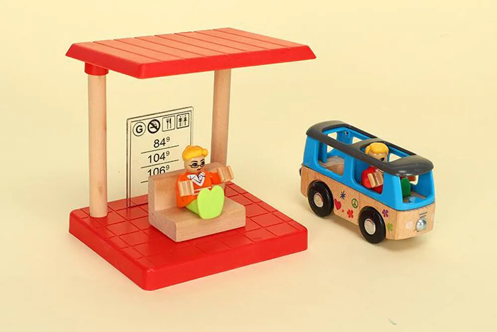Wooden Train Tracks Scene Accessories Wooden Double Platform Gas Station Airplane Airport Educational DIY Toys For Children