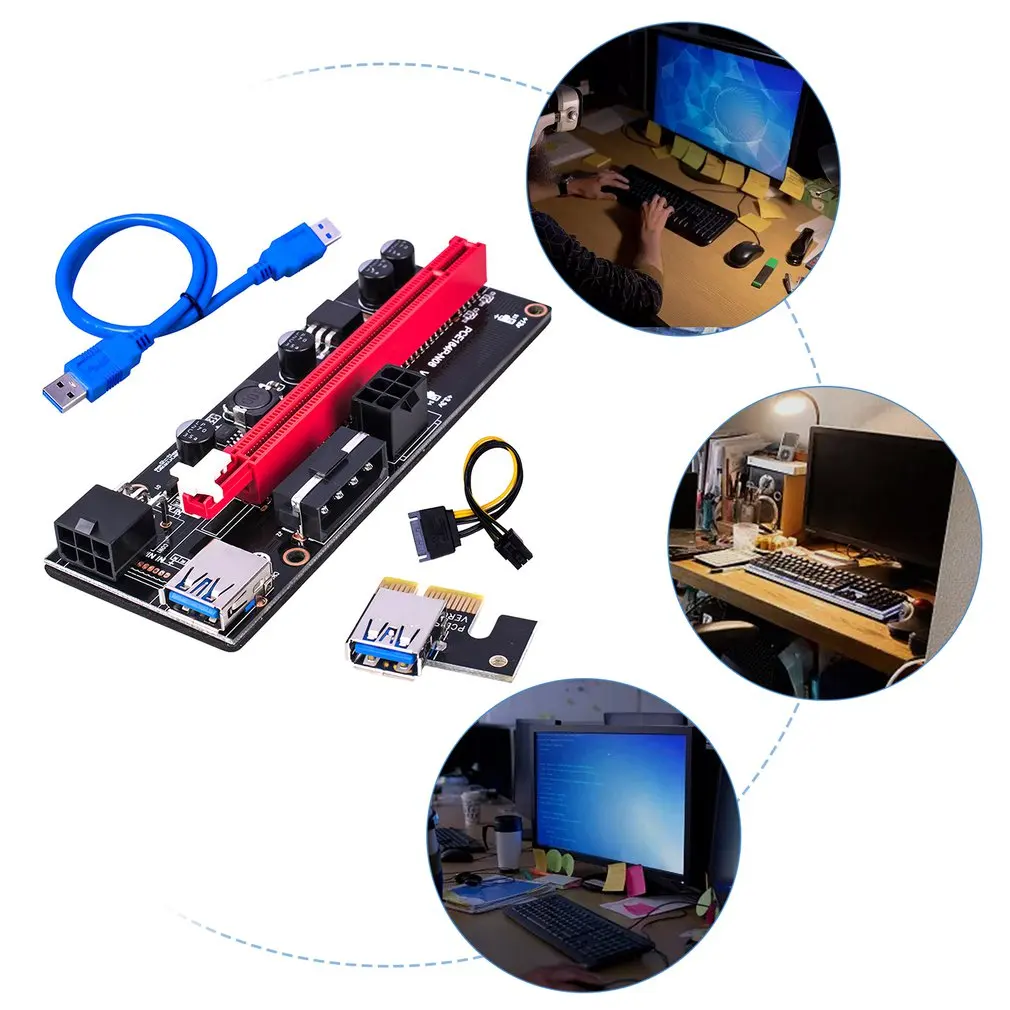 PCI-E Riser 009S 1X 16x Extender PCI E USB Riser 009S Dual 6Pin Adapter Card SATA 15pin for BTC USB 3.0 Graphics Card