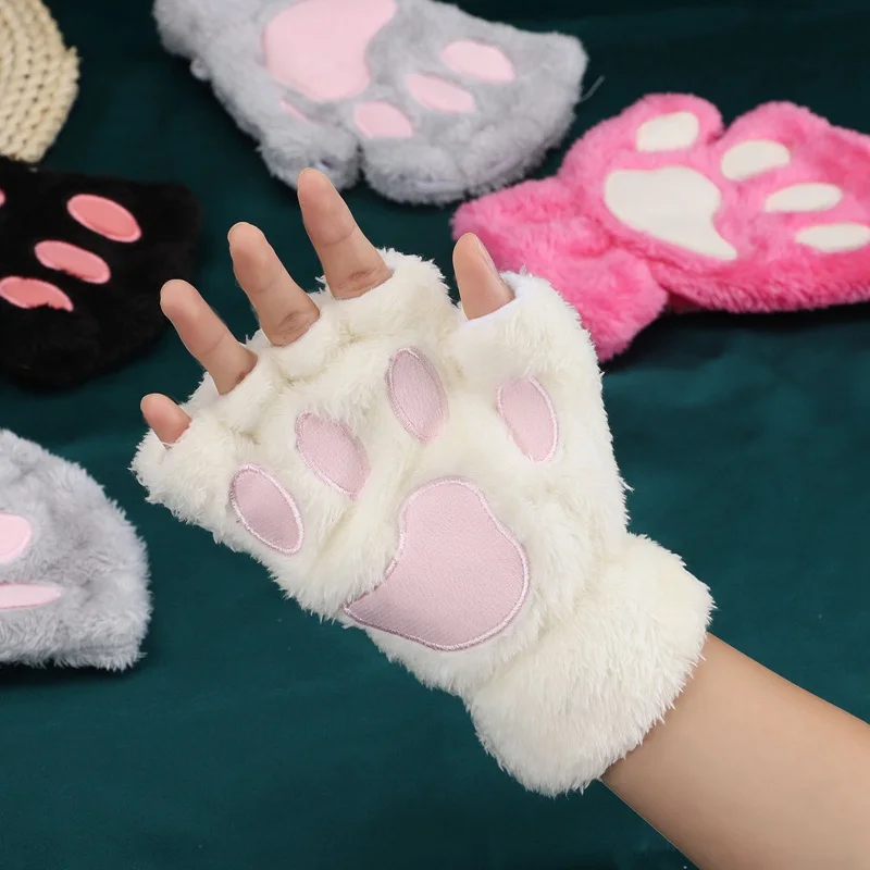 New Winter Gloves Women Bear Plush Cat Paw Claw Gloves Cute Kitten Fingerless Mittens Christmas Halloween for Girls Gift Gloves