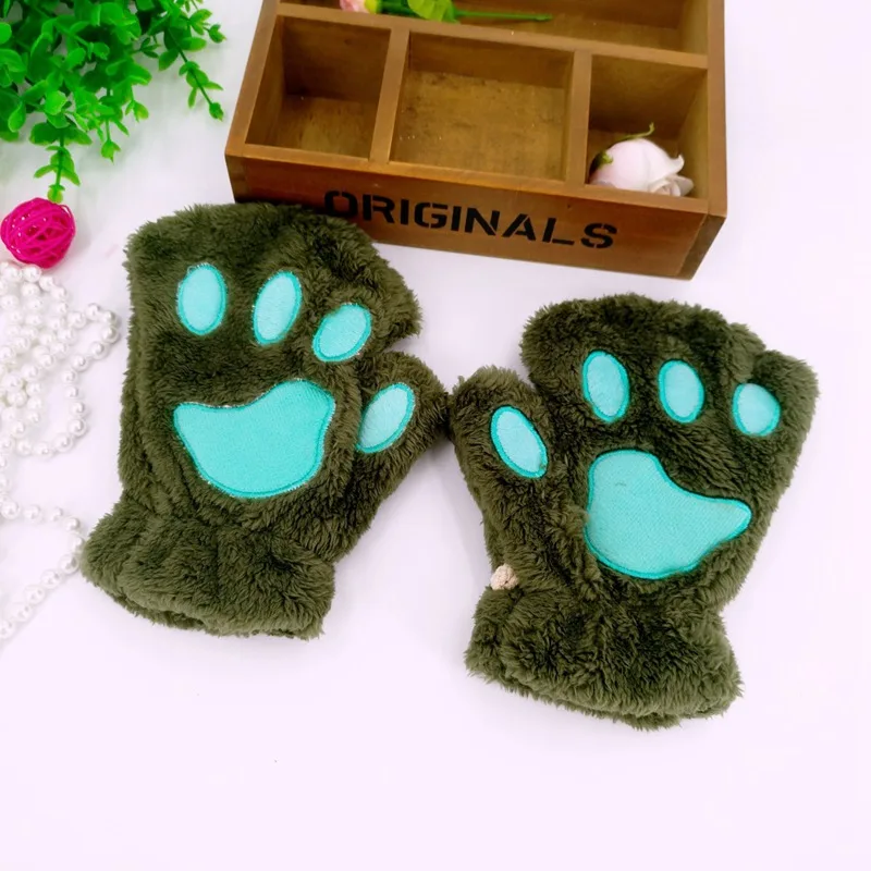 New Winter Gloves Women Bear Plush Cat Paw Claw Gloves Cute Kitten Fingerless Mittens Christmas Halloween for Girls Gift Gloves