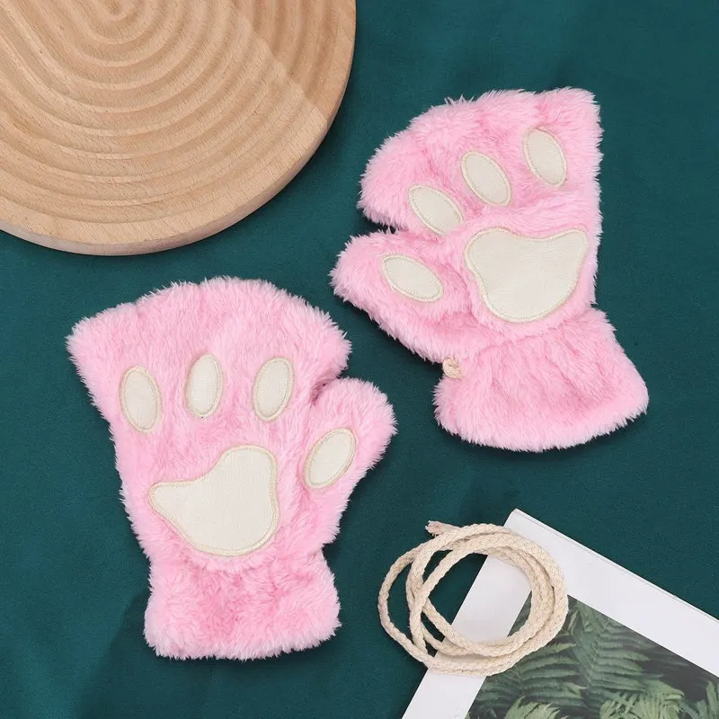 New Winter Gloves Women Bear Plush Cat Paw Claw Gloves Cute Kitten Fingerless Mittens Christmas Halloween for Girls Gift Gloves