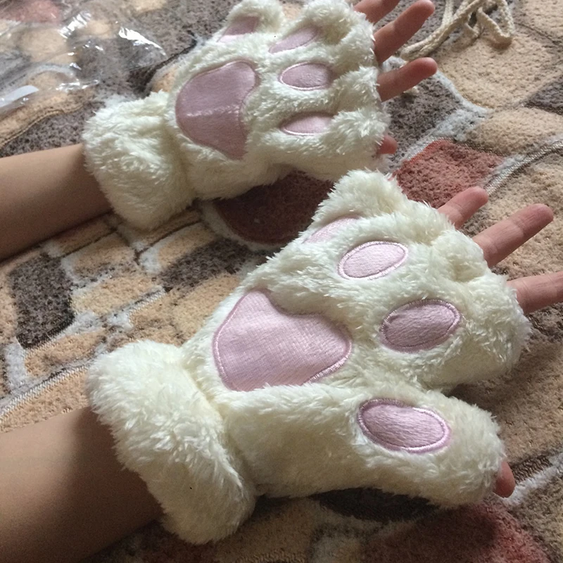 New Winter Gloves Women Bear Plush Cat Paw Claw Gloves Cute Kitten Fingerless Mittens Christmas Halloween for Girls Gift Gloves