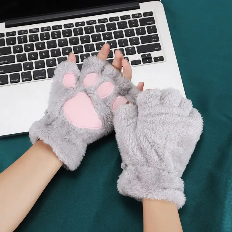 New Winter Gloves Women Bear Plush Cat Paw Claw Gloves Cute Kitten Fingerless Mittens Christmas Halloween for Girls Gift Gloves