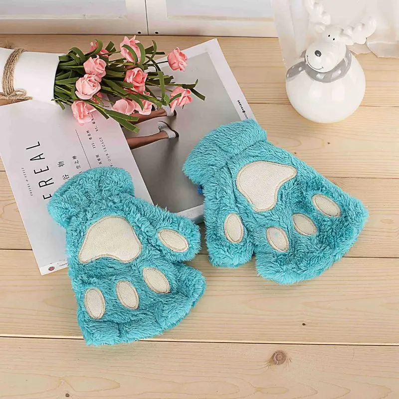 New Winter Gloves Women Bear Plush Cat Paw Claw Gloves Cute Kitten Fingerless Mittens Christmas Halloween for Girls Gift Gloves