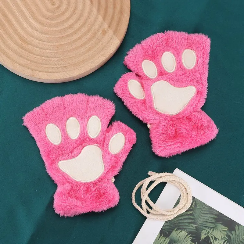 New Winter Gloves Women Bear Plush Cat Paw Claw Gloves Cute Kitten Fingerless Mittens Christmas Halloween for Girls Gift Gloves
