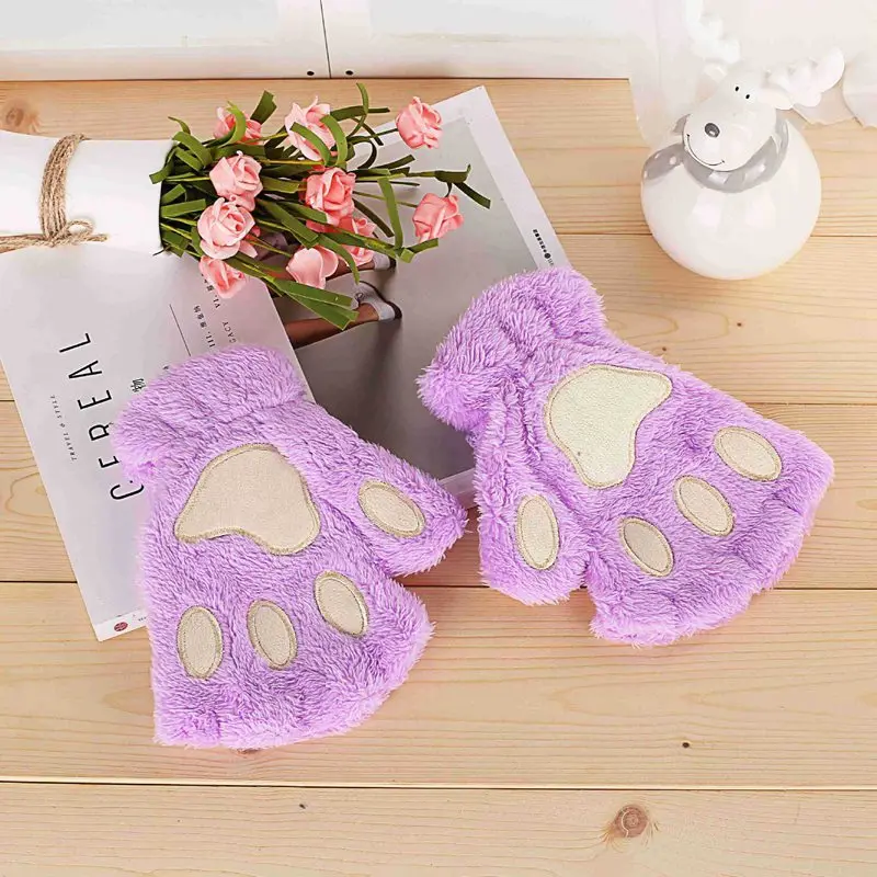 New Winter Gloves Women Bear Plush Cat Paw Claw Gloves Cute Kitten Fingerless Mittens Christmas Halloween for Girls Gift Gloves