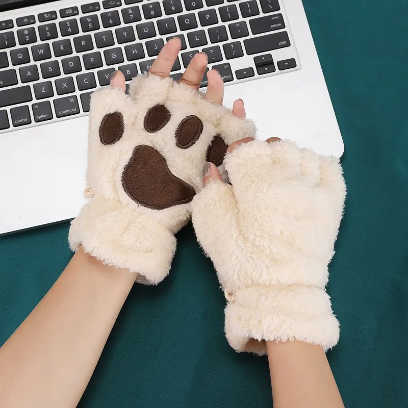 New Winter Gloves Women Bear Plush Cat Paw Claw Gloves Cute Kitten Fingerless Mittens Christmas Halloween for Girls Gift Gloves