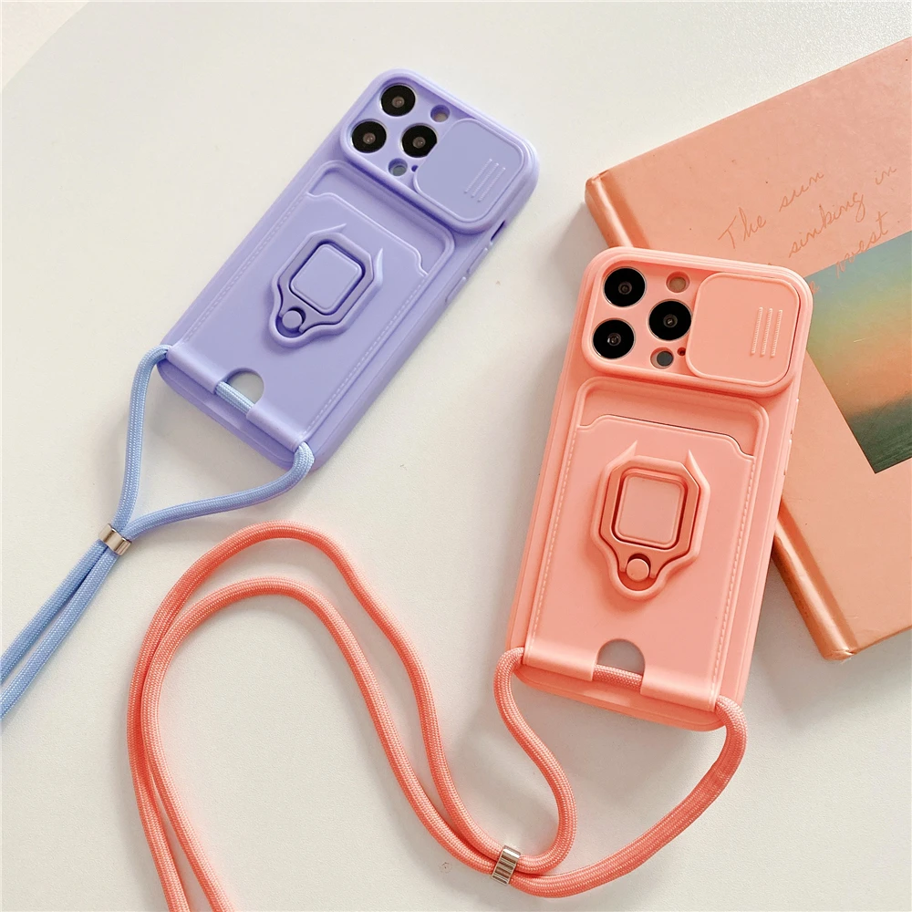 Crossbody Lanyard Silicone Ring Holder Card Wallet Case For iPhone 17 16 15 13 11 12 14 Pro Max XS XR 8 Plus Slide Camera Cover