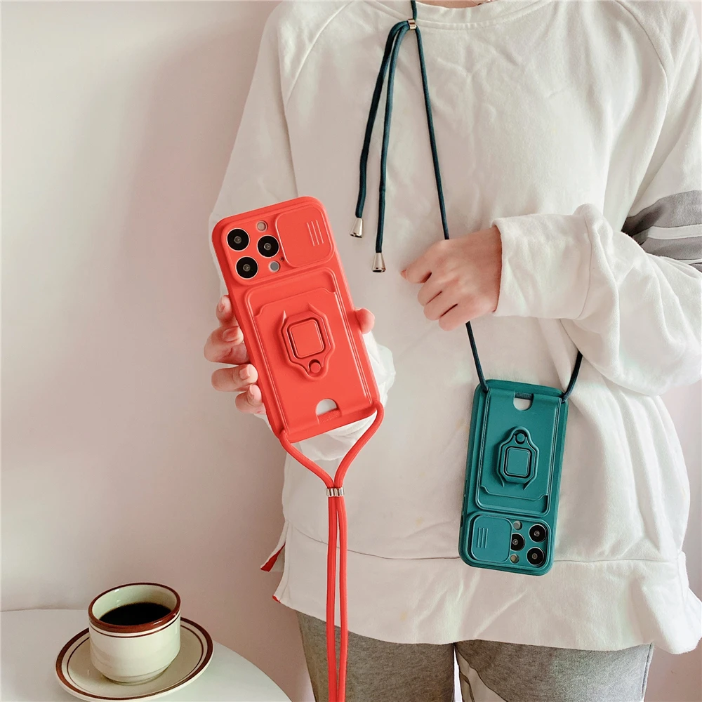 Crossbody Lanyard Silicone Ring Holder Card Wallet Case For iPhone 17 16 15 13 11 12 14 Pro Max XS XR 8 Plus Slide Camera Cover