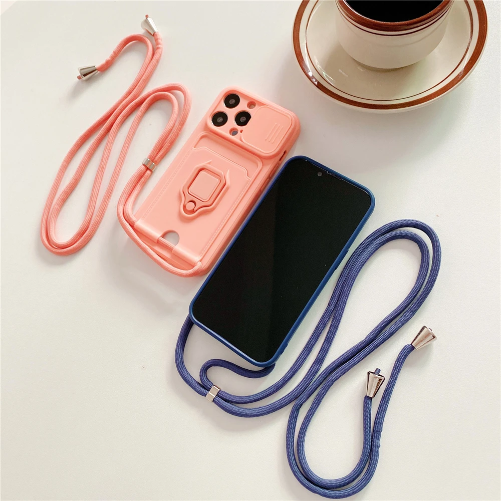 Crossbody Lanyard Silicone Ring Holder Card Wallet Case For iPhone 17 16 15 13 11 12 14 Pro Max XS XR 8 Plus Slide Camera Cover