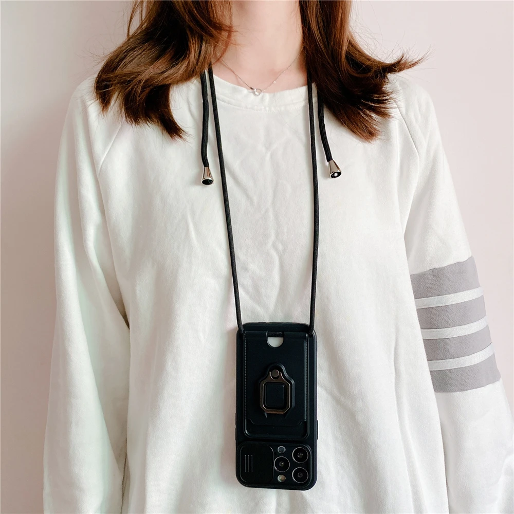 Crossbody Lanyard Silicone Ring Holder Card Wallet Case For iPhone 17 16 15 13 11 12 14 Pro Max XS XR 8 Plus Slide Camera Cover