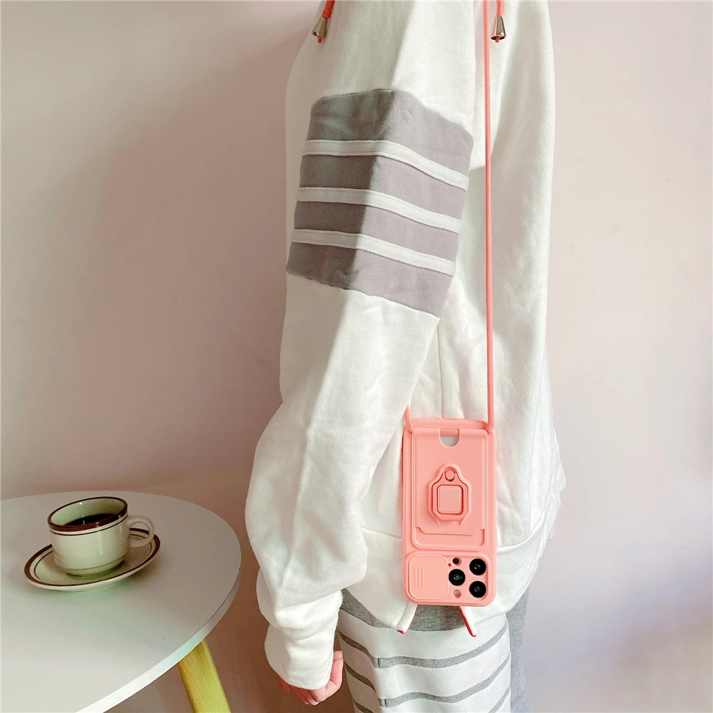 Crossbody Lanyard Silicone Ring Holder Card Wallet Case For iPhone 17 16 15 13 11 12 14 Pro Max XS XR 8 Plus Slide Camera Cover