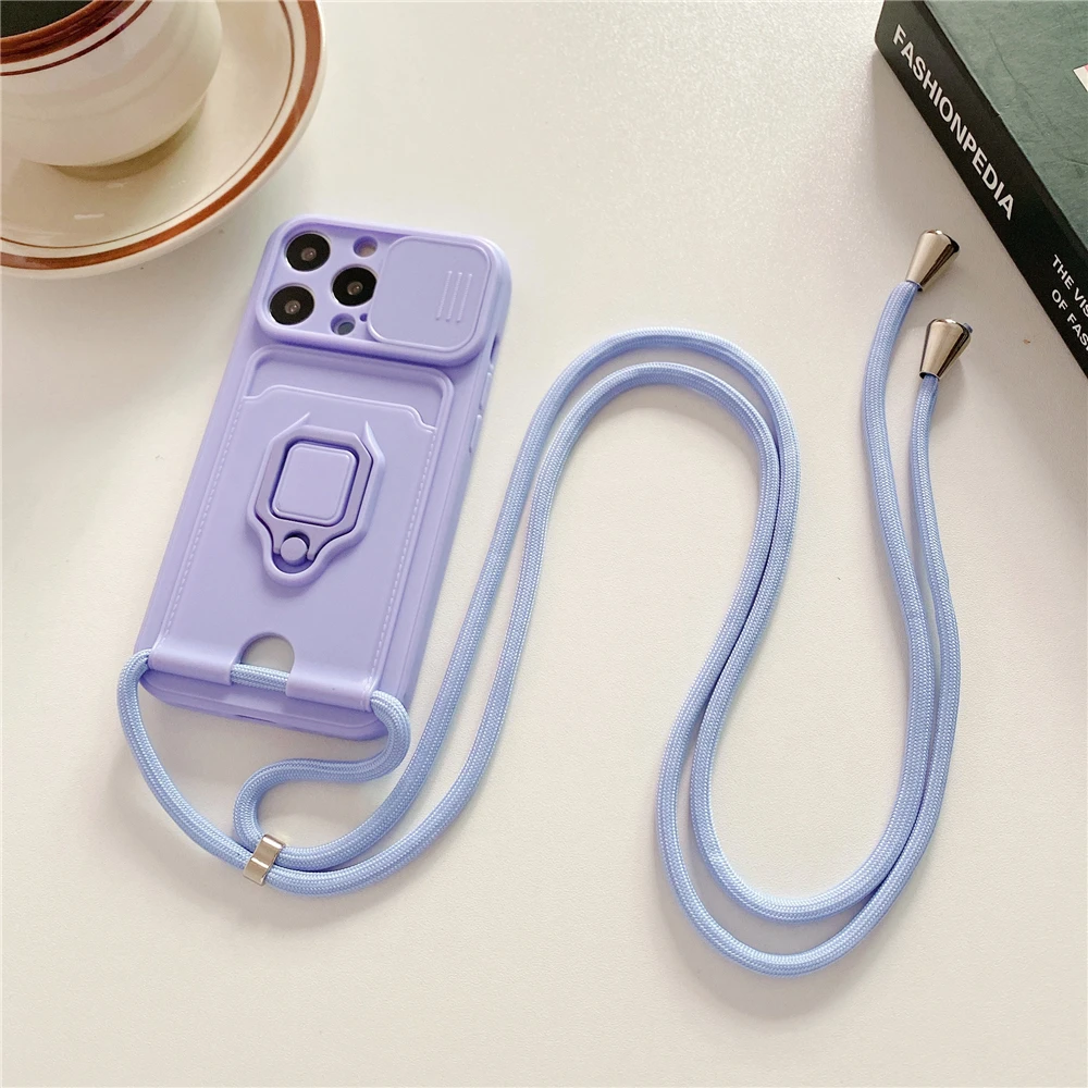 Crossbody Lanyard Silicone Ring Holder Card Wallet Case For iPhone 17 16 15 13 11 12 14 Pro Max XS XR 8 Plus Slide Camera Cover