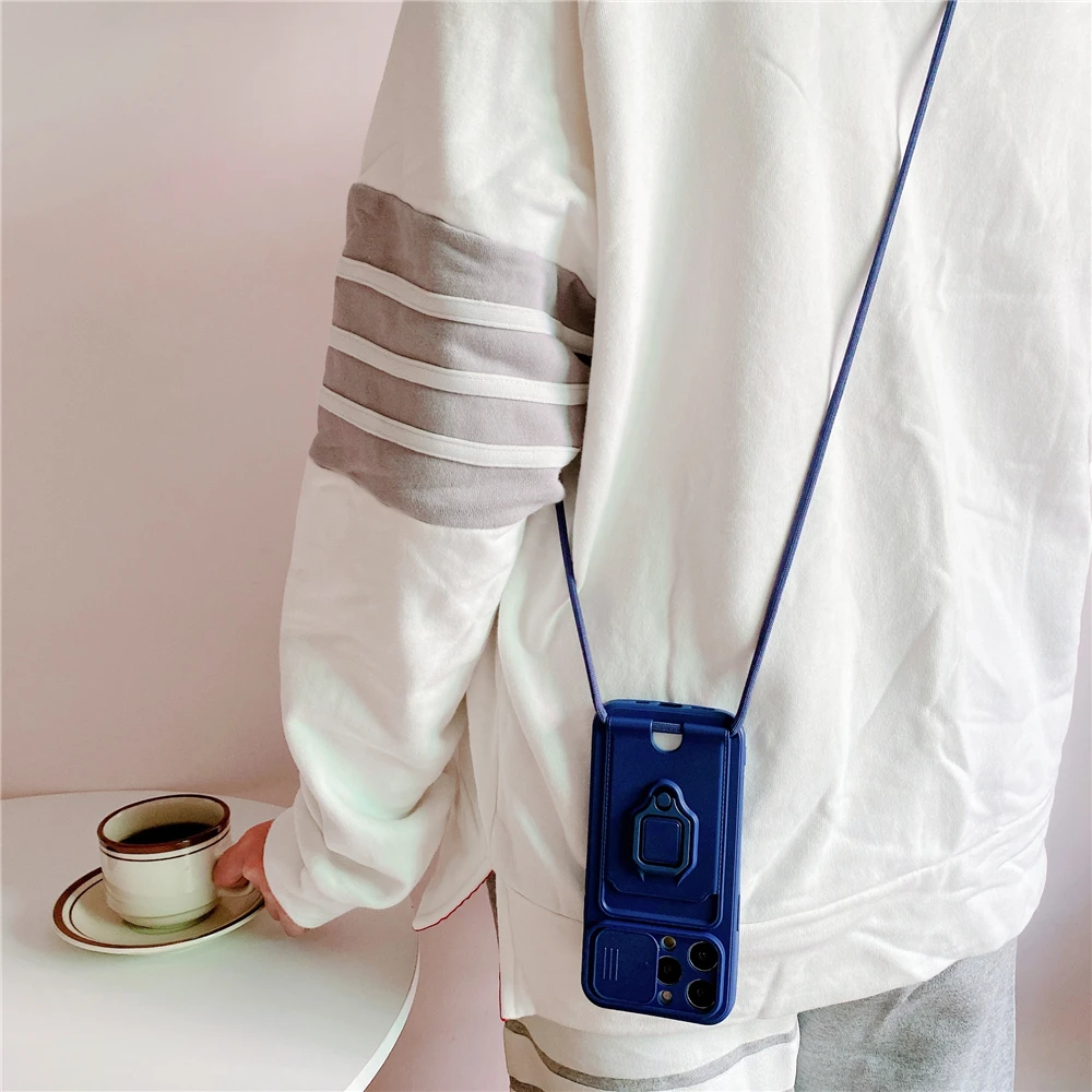 Crossbody Lanyard Silicone Ring Holder Card Wallet Case For iPhone 17 16 15 13 11 12 14 Pro Max XS XR 8 Plus Slide Camera Cover