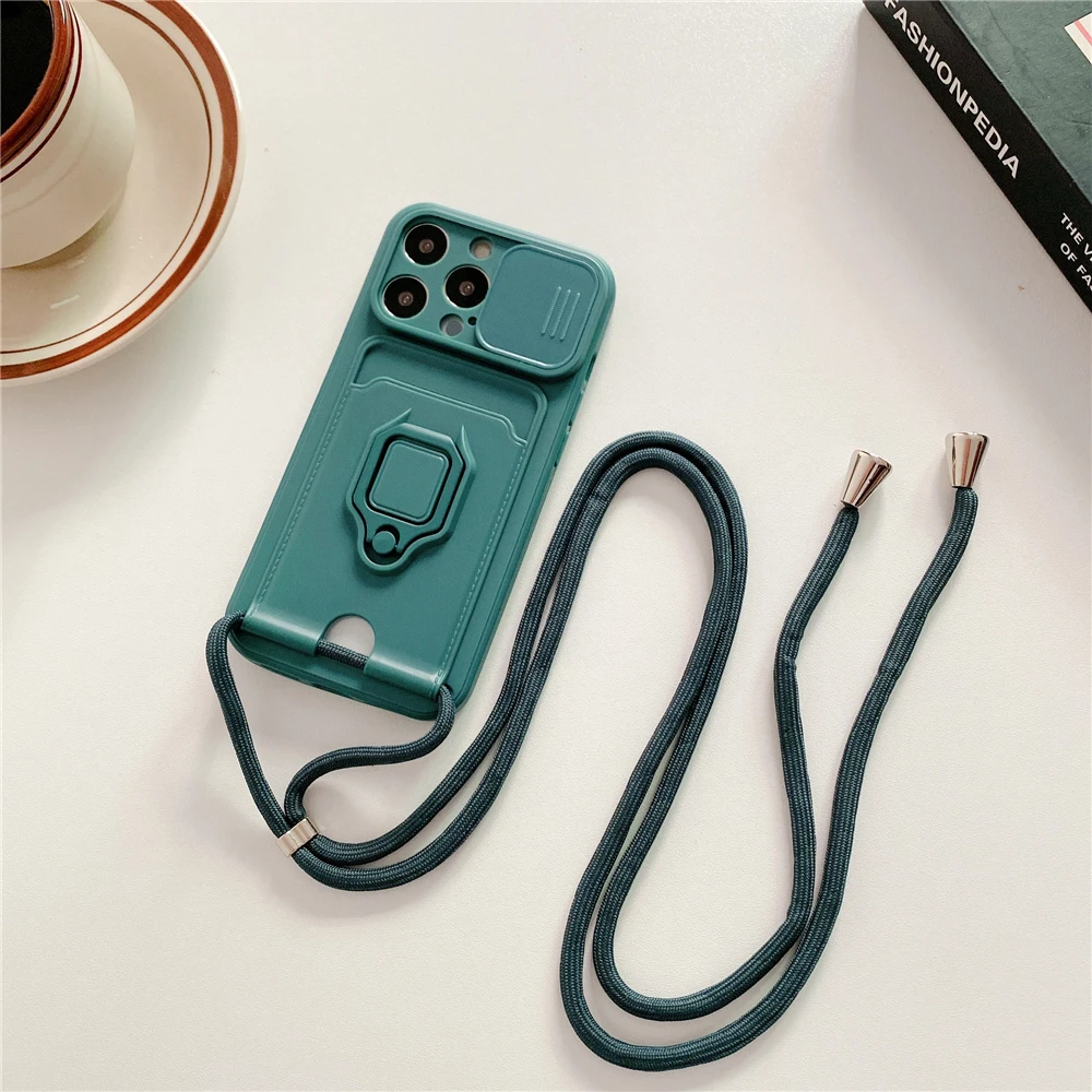 Crossbody Lanyard Silicone Ring Holder Card Wallet Case For iPhone 17 16 15 13 11 12 14 Pro Max XS XR 8 Plus Slide Camera Cover