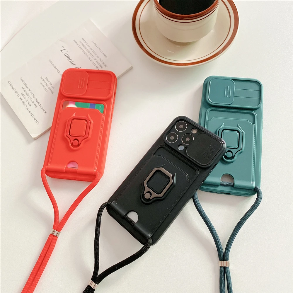 Crossbody Lanyard Silicone Ring Holder Card Wallet Case For iPhone 17 16 15 13 11 12 14 Pro Max XS XR 8 Plus Slide Camera Cover