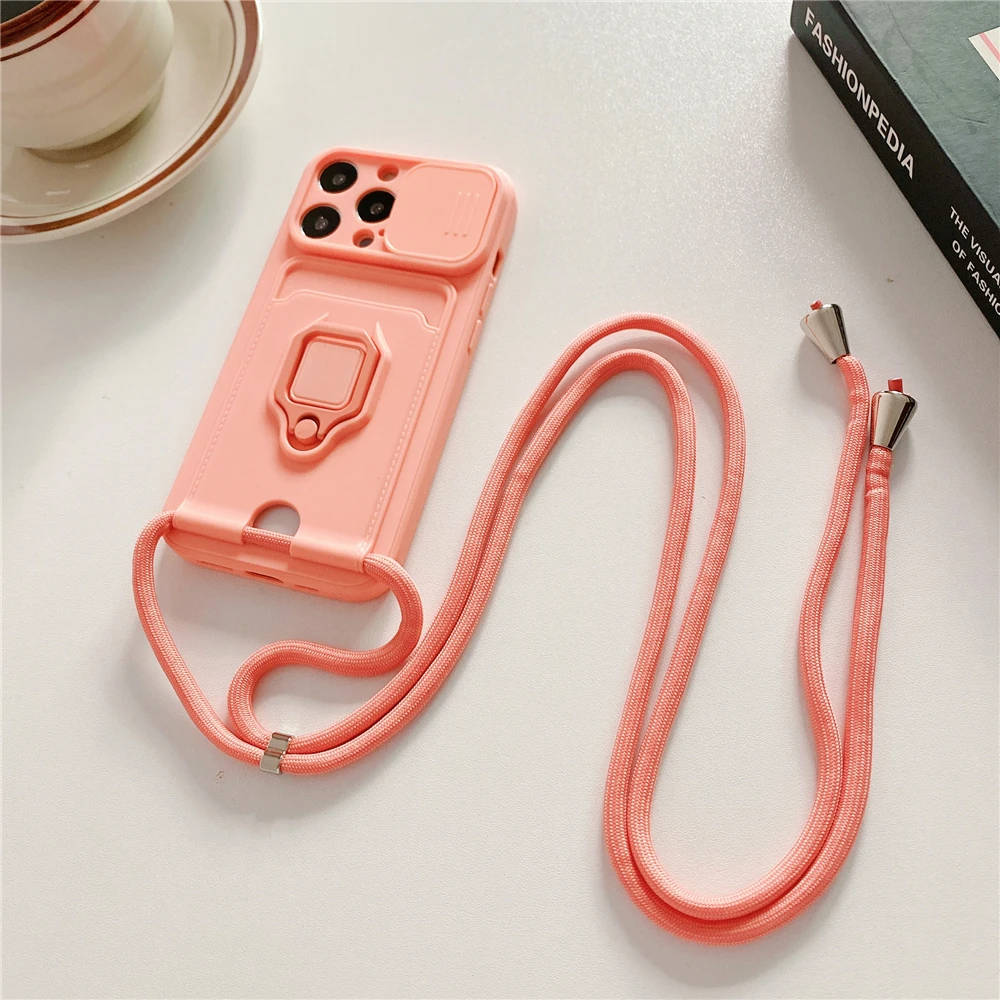 Crossbody Lanyard Silicone Ring Holder Card Wallet Case For iPhone 17 16 15 13 11 12 14 Pro Max XS XR 8 Plus Slide Camera Cover