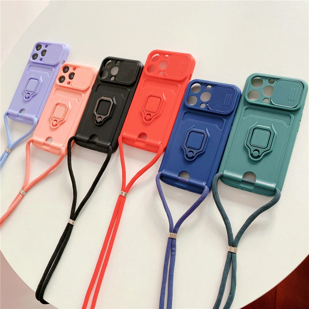 Crossbody Lanyard Silicone Ring Holder Card Wallet Case For iPhone 17 16 15 13 11 12 14 Pro Max XS XR 8 Plus Slide Camera Cover