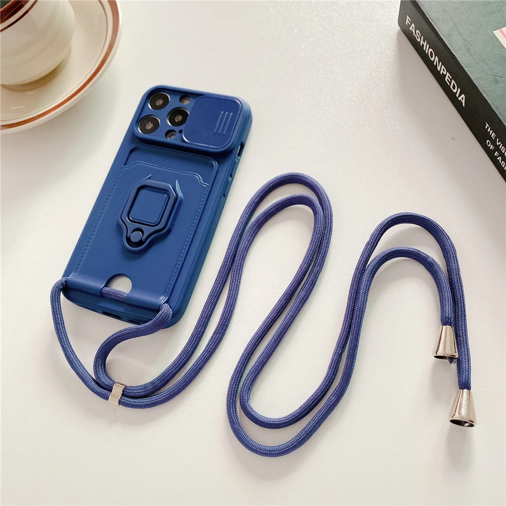 Crossbody Lanyard Silicone Ring Holder Card Wallet Case For iPhone 17 16 15 13 11 12 14 Pro Max XS XR 8 Plus Slide Camera Cover