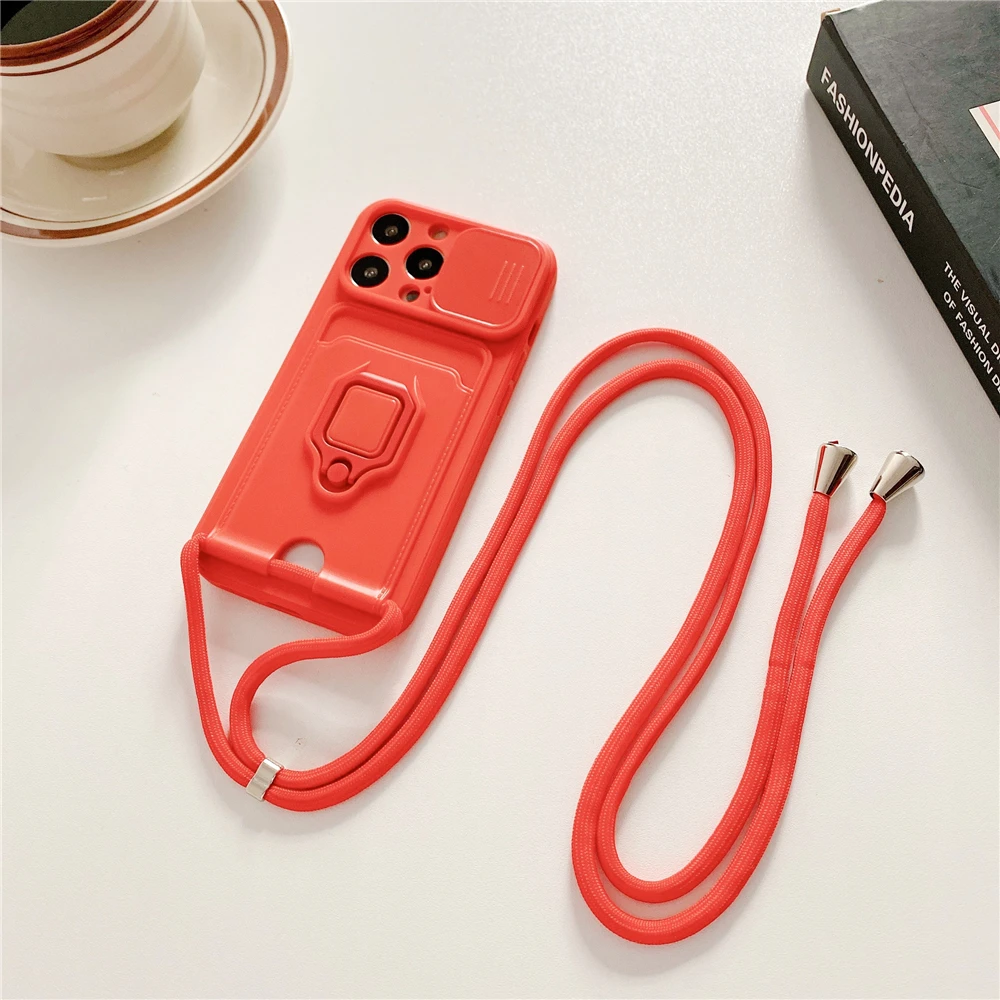 Crossbody Lanyard Silicone Ring Holder Card Wallet Case For iPhone 17 16 15 13 11 12 14 Pro Max XS XR 8 Plus Slide Camera Cover