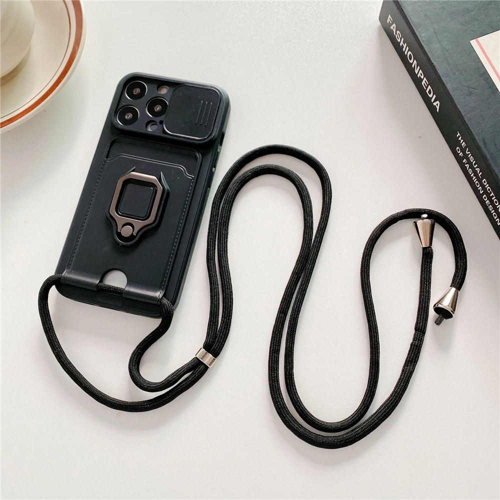 Crossbody Lanyard Silicone Ring Holder Card Wallet Case For iPhone 17 16 15 13 11 12 14 Pro Max XS XR 8 Plus Slide Camera Cover