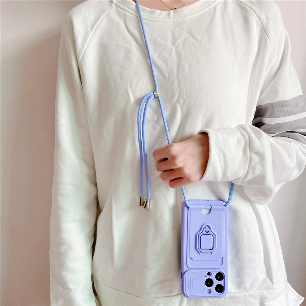 Crossbody Lanyard Silicone Ring Holder Card Wallet Case For iPhone 17 16 15 13 11 12 14 Pro Max XS XR 8 Plus Slide Camera Cover