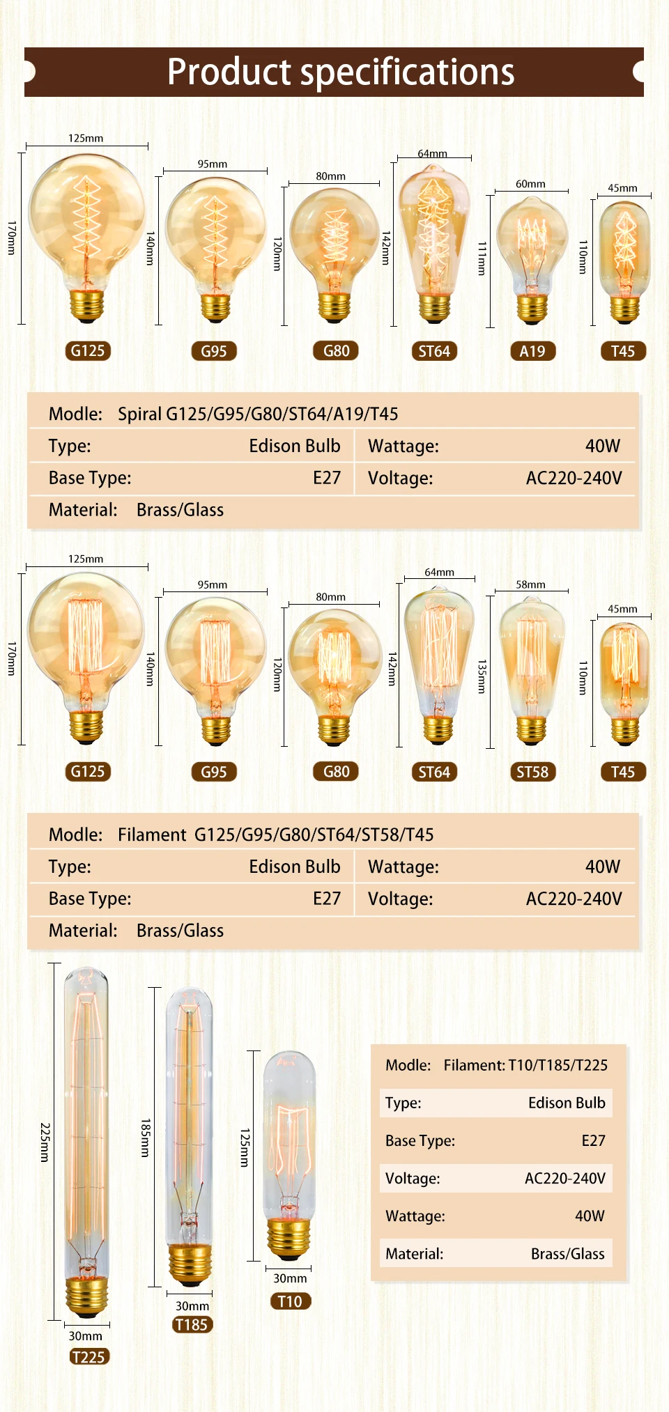 6pcs/lot Retro Edison Bulb C35 T45 ST64 G80 G95 A60 Filament Light 40W E27 Vintage Ampoule Incandescent Lamp Decorative Lights