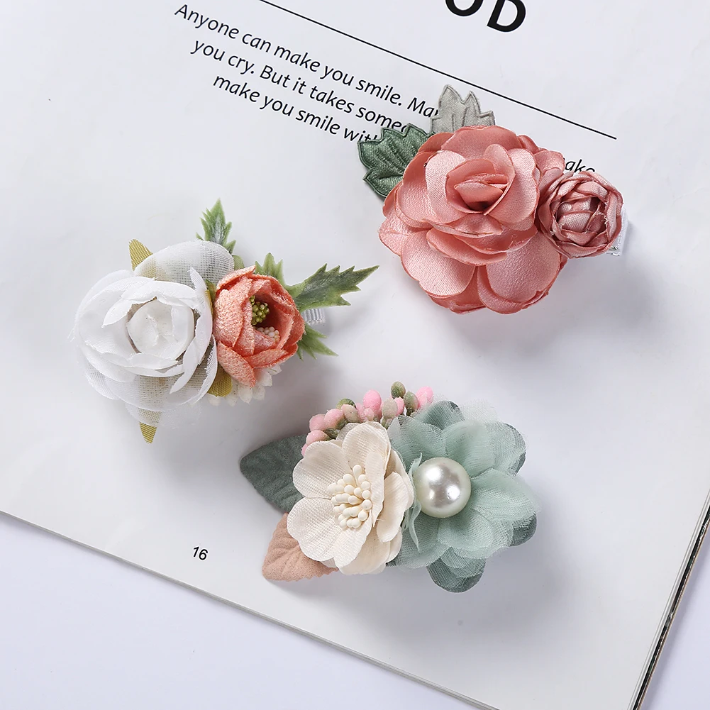 3Pcs/Set Artificial Flower Baby Girl Hair Clips Pearl Chiffon Newborn Hairgrips Photography Props Hairpins Hair Accessories