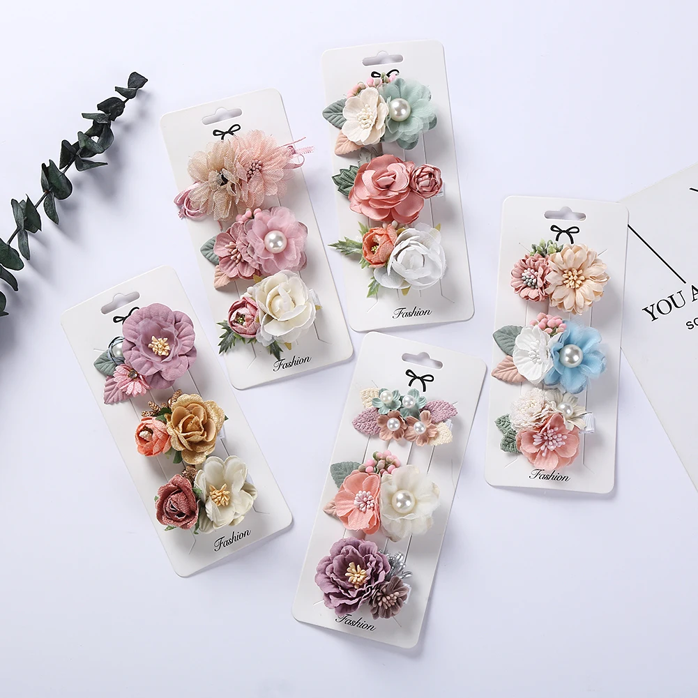 3Pcs/Set Artificial Flower Baby Girl Hair Clips Pearl Chiffon Newborn Hairgrips Photography Props Hairpins Hair Accessories
