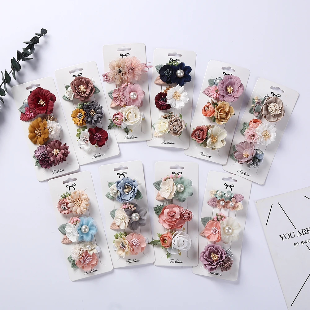 3Pcs/Set Artificial Flower Baby Girl Hair Clips Pearl Chiffon Newborn Hairgrips Photography Props Hairpins Hair Accessories