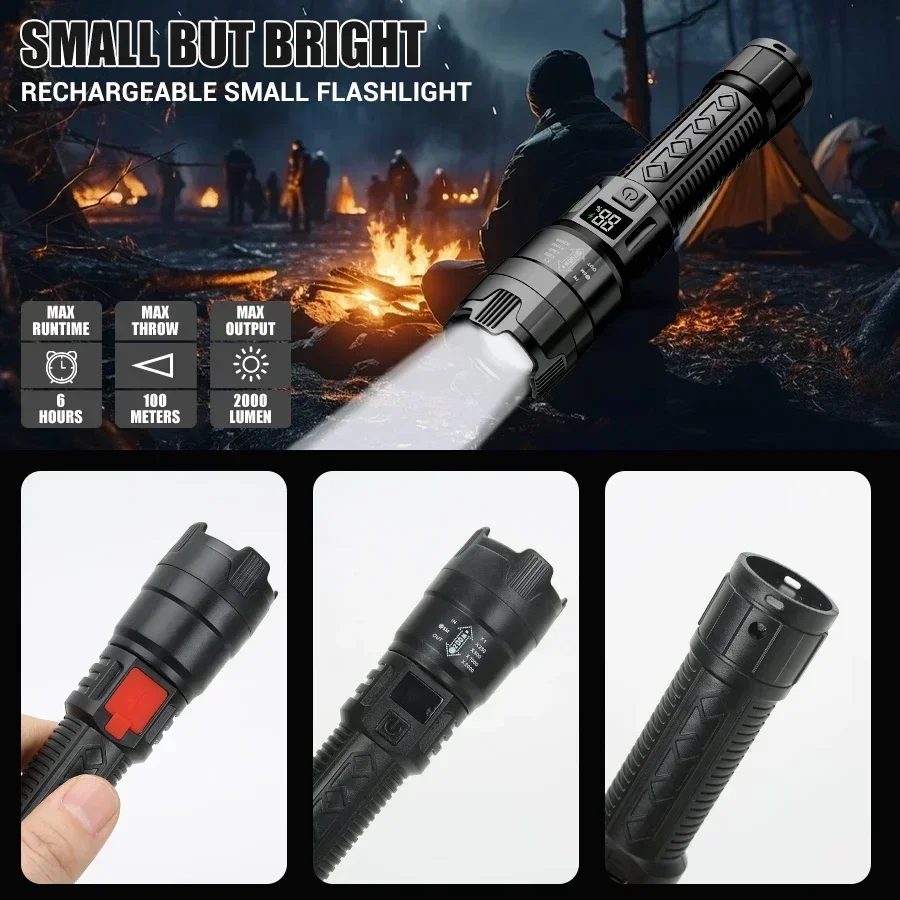 Ultra Bright LED Flashlight 1500LM Type-C Rechargeable Long Range Zoom Tactical Torch Outdoor Emergency Camping Fishing Lantern