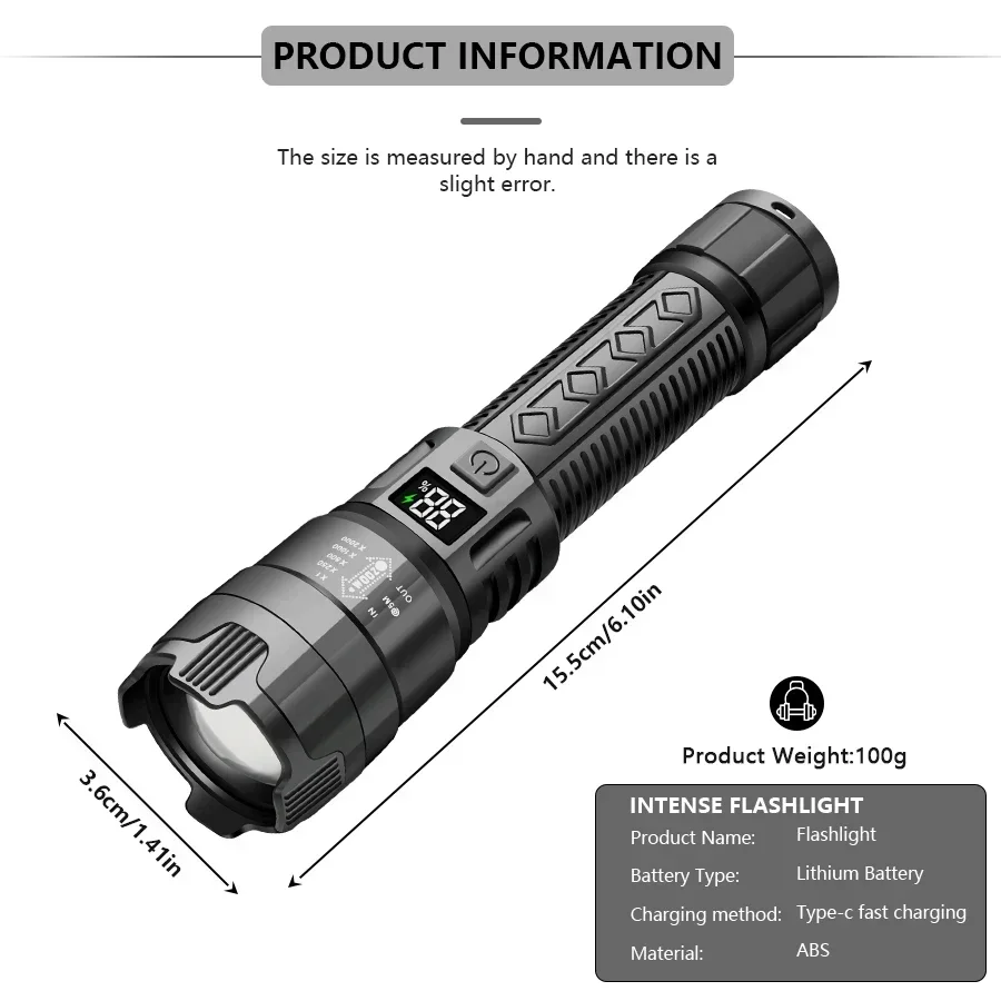Ultra Bright LED Flashlight 1500LM Type-C Rechargeable Long Range Zoom Tactical Torch Outdoor Emergency Camping Fishing Lantern