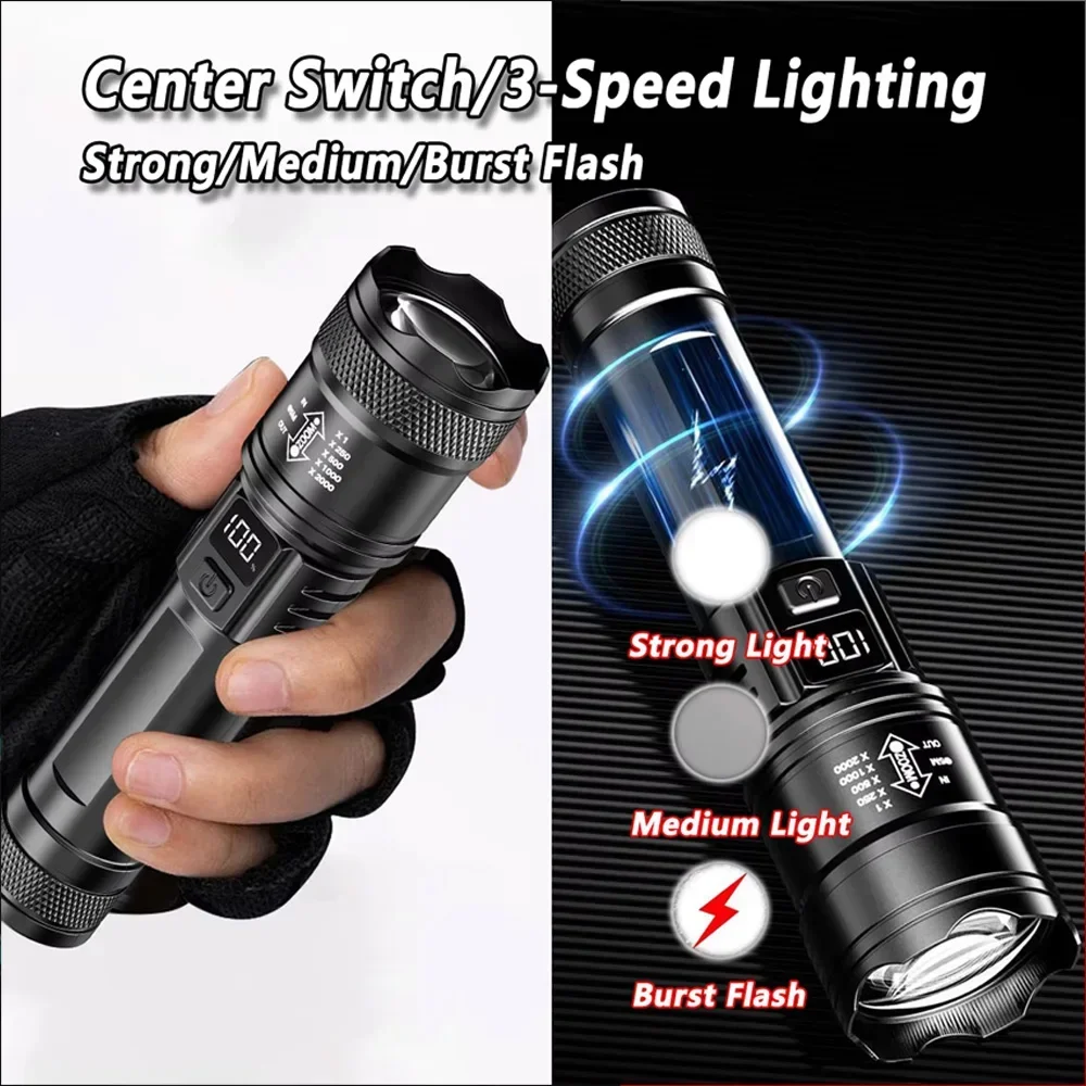 Ultra Bright LED Flashlight 1500LM Type-C Rechargeable Long Range Zoom Tactical Torch Outdoor Emergency Camping Fishing Lantern