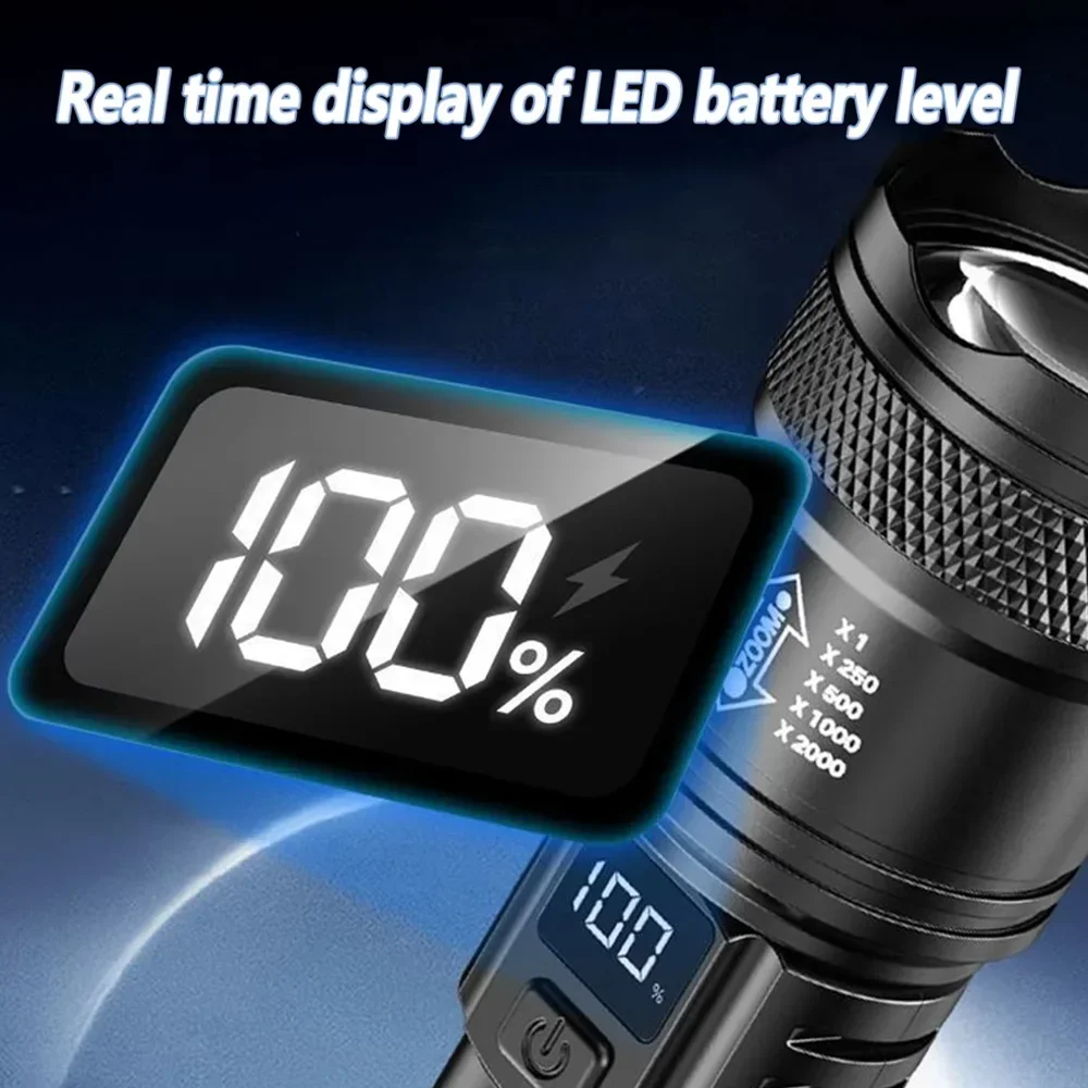 Ultra Bright LED Flashlight 1500LM Type-C Rechargeable Long Range Zoom Tactical Torch Outdoor Emergency Camping Fishing Lantern
